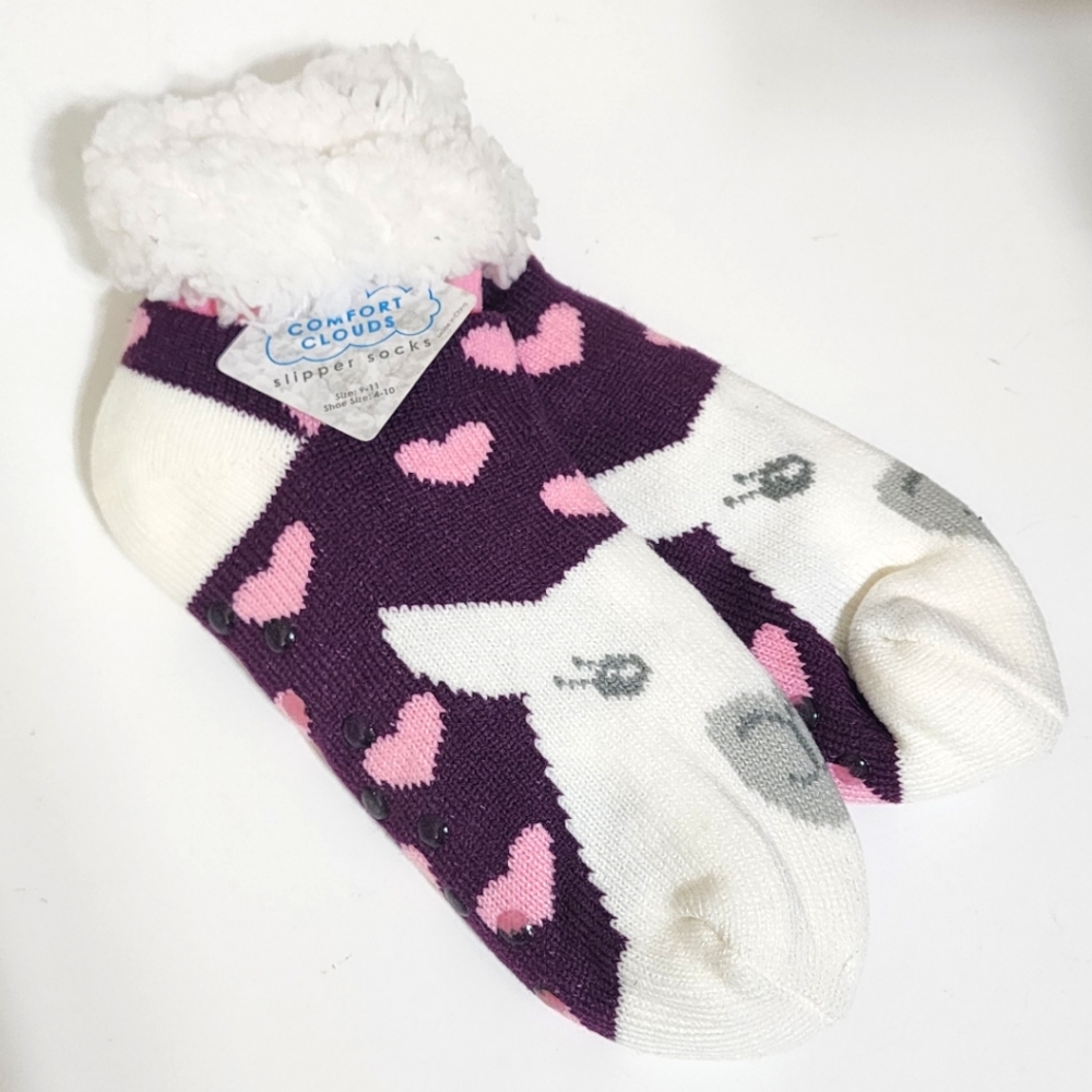 COMFORT CLOUD Non Skid‎ Animal Print Slipper Socks, size 9-11, Purple Multi
